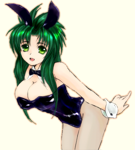 ahoge, bow, bunnysuit, cuffs, fish_nets, green_eyes, green_hair, long_hair