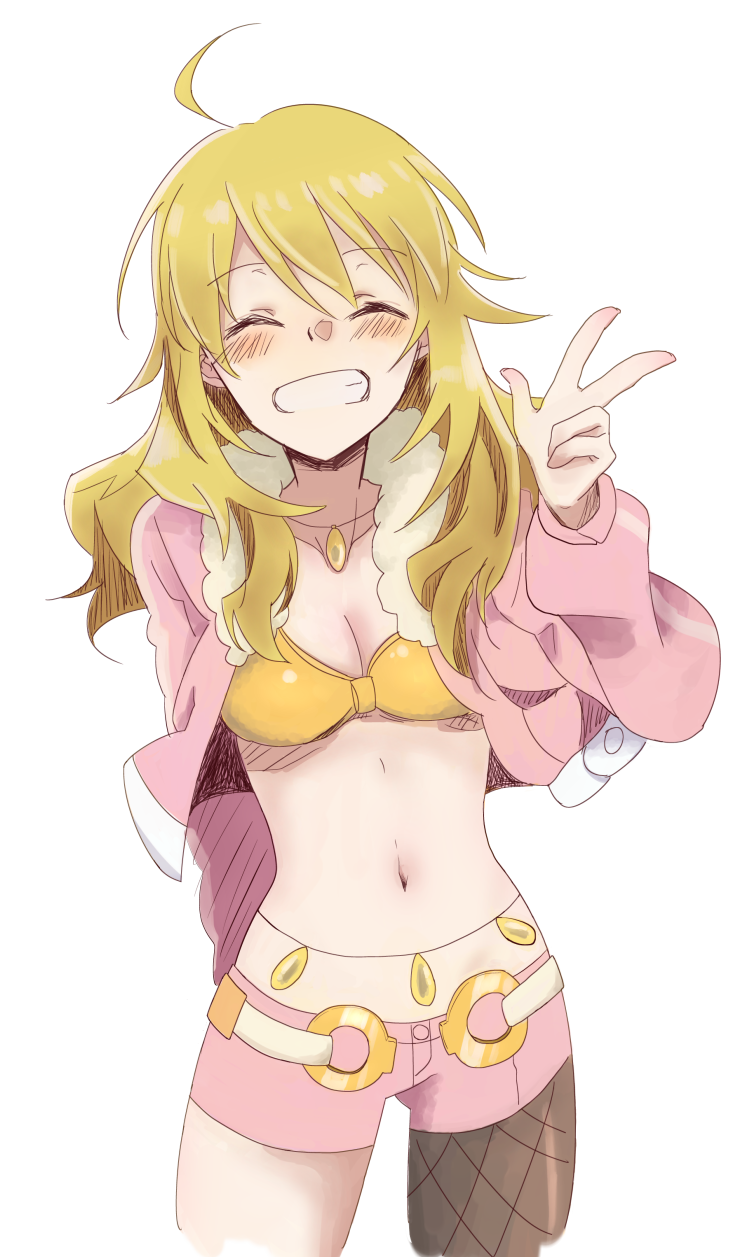 1girl, ^_^, ahoge, azucham, blonde_hair, blush, breasts, cleavage