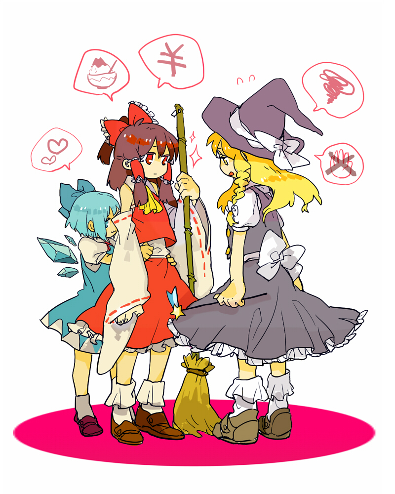3girls, :3, ascot, bamboo_broom, blonde_hair, blue_eyes, blue_hair, bow