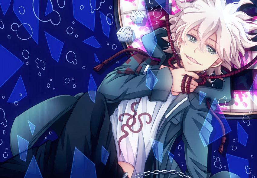 1boy, blood, chain, dangan_ronpa, dice, green_eyes, hoodie, komaeda_nagito, lying, male, momofukki, on_back, rope, smile, super_dangan_ronpa_2, white_hair