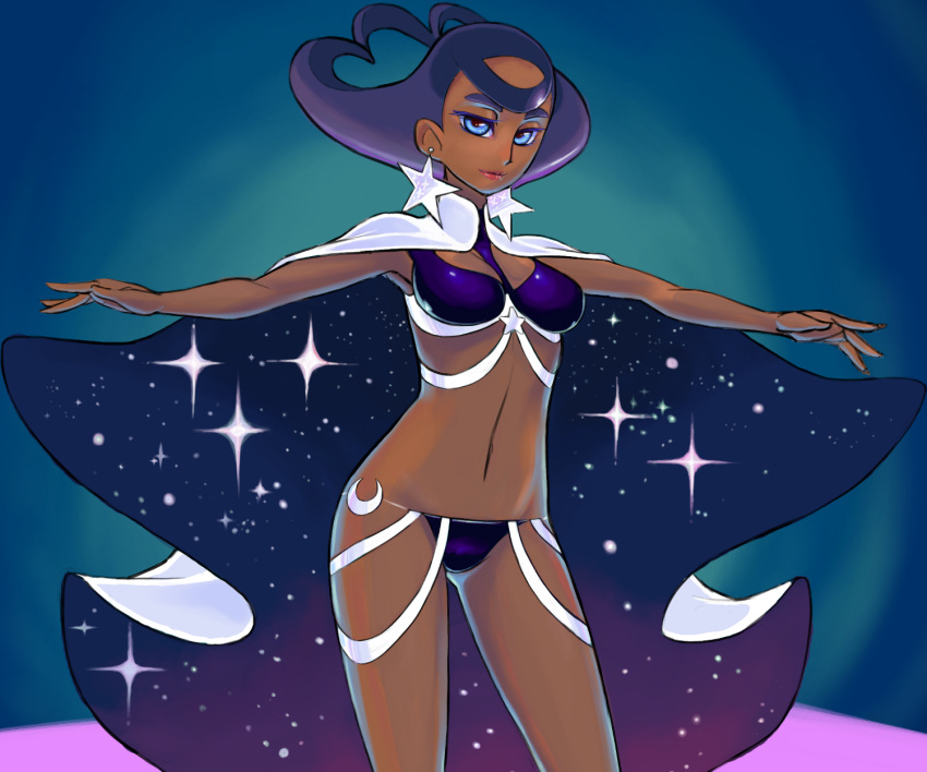 1girl, artist_request, bikini, blue_eyes, breasts, cape, dark_skin, earrings