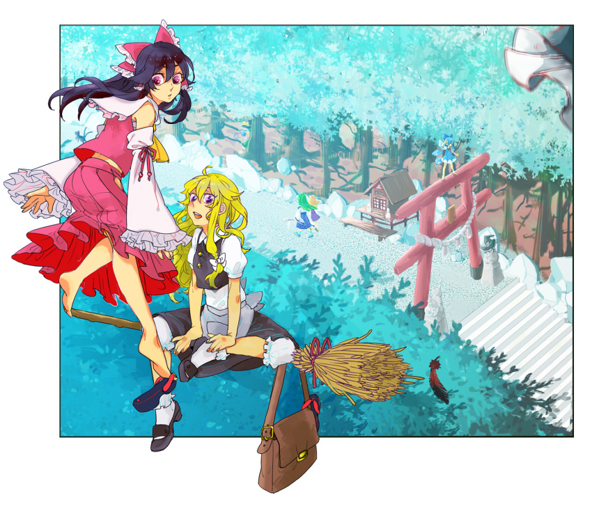 ascot, bag, barefoot, black_hair, blonde_hair, blue_hair, bow, broom, cirno, des666, detached_sleeves, dress, feathers, gohei, green_hair, hair_bow, hair_tubes, hakurei_reimu, hat, highres, ice, ice_wings, japanese_clothes, kirisame_marisa, kochiya_sanae, komainu, komeiji_koishi, long_hair, miko, moriya_suwako, red_eyes, rope, sandals, sarashi, shimenawa, shrine, single_sandal, stairs, torii, touhou, tree, violet_eyes, wings, witch_hat