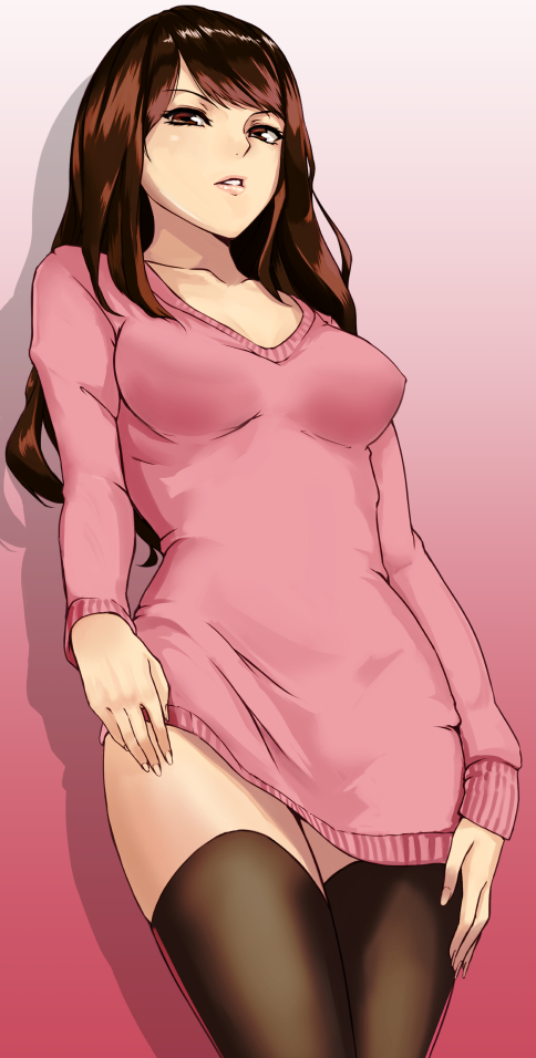 1girl, black_legwear, brown_hair, din_(raiden), long_hair, looking_at_viewer, mugino_shizuri, shiny