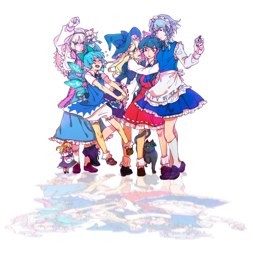 5girls, alice_margatroid, apron, ascot, black_hair, blonde_hair, bloomers, blue_eyes, blue_hair, bow, braid, capelet, cat, cirno, des666, dress, hair_bow, hakurei_reimu, hat, highres, holding_hands, hug, izayoi_sakuya, kaenbyou_rin, kaenbyou_rin_(cat), kirisame_marisa, long_hair, maid, maid_headdress, multiple_girls, pocket_watch, red_eyes, reflection, shanghai_doll, short_hair, silver_hair, touhou, underwear, waist_apron, watch, witch_hat