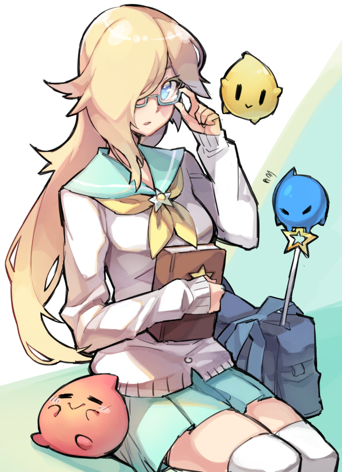 1girl, :>, =_=, bag, bespectacled, blonde_hair, blue-framed_glasses, blue_eyes