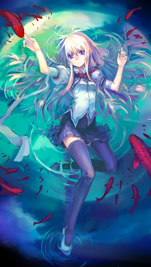 blue_eyes, fish, hands, kishiyo, long_hair, moon, thigh-highs, thighhighs, water, youth-bloom
