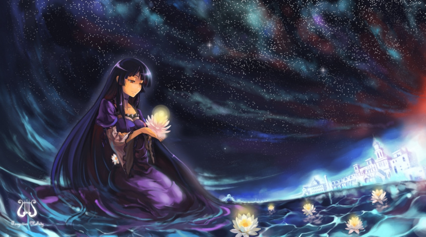 black_hair, blunt_bangs, dress, eternita, flower, fortal, hime_cut, long_hair