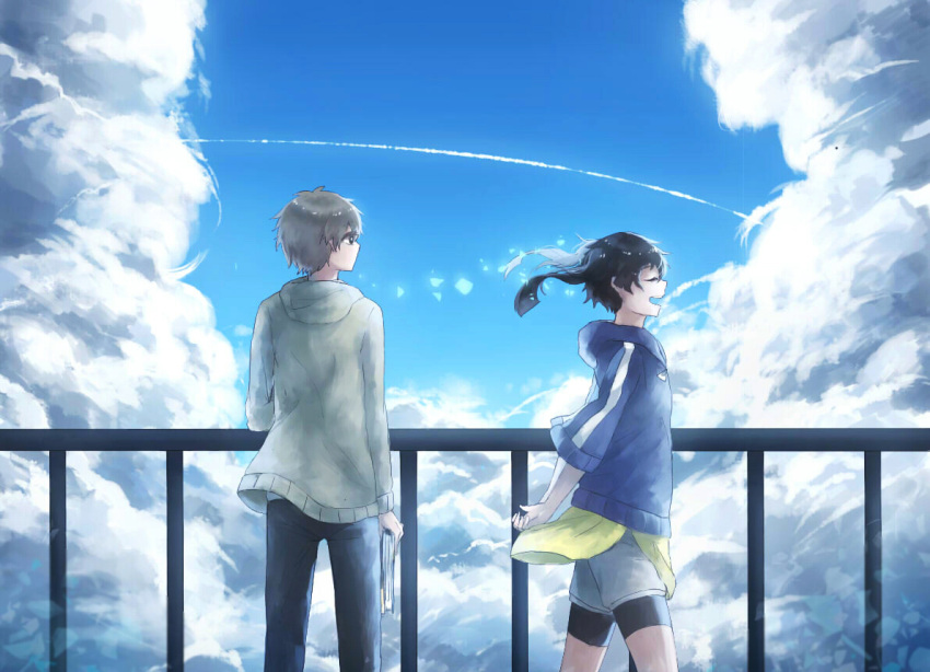 1boy, 1girl, black_hair, closed_eyes, domik, enomoto_takane, grey_hair, hoodie