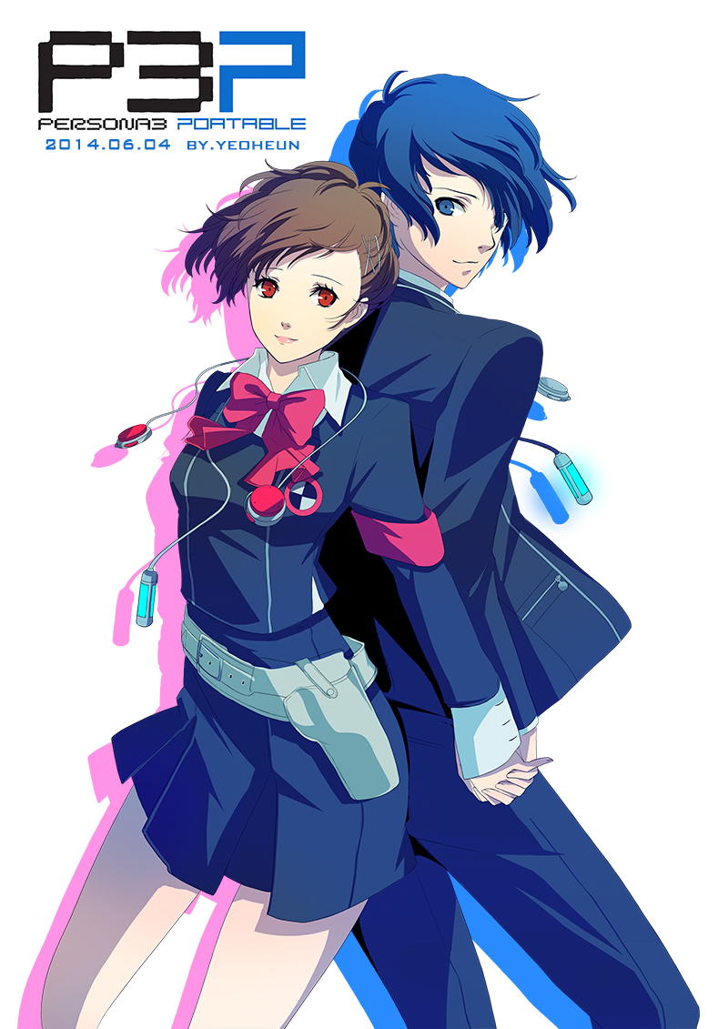 1boy, 1girl, 2014, arisato_minato, armband, back-to-back, blue_eyes, blue_hair