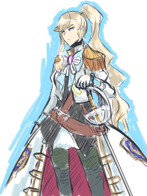 1girl, blonde_hair, blue_eyes, epaulettes, fringe, gloves, long_skirt, rapier, red_seiryu, showgirl_skirt, side_ponytail, sketch, skirt, solo, soraumi_mariel, sword, the_guided_fate_cross_thesis, weapon, white_gloves