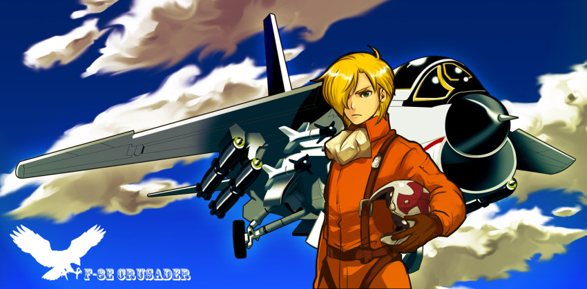 1boy, 80s, airplane, area_88, bird, blonde_hair, clouds, cross, eagle, emblem, f-8_crusader, flying, gloves, green_eyes, hair_over_one_eye, helmet, jet, jumpsuit, kazama_shin, kuwae, looking_at_viewer, missile, oldschool, pilot, pilot_suit, scarf, serious