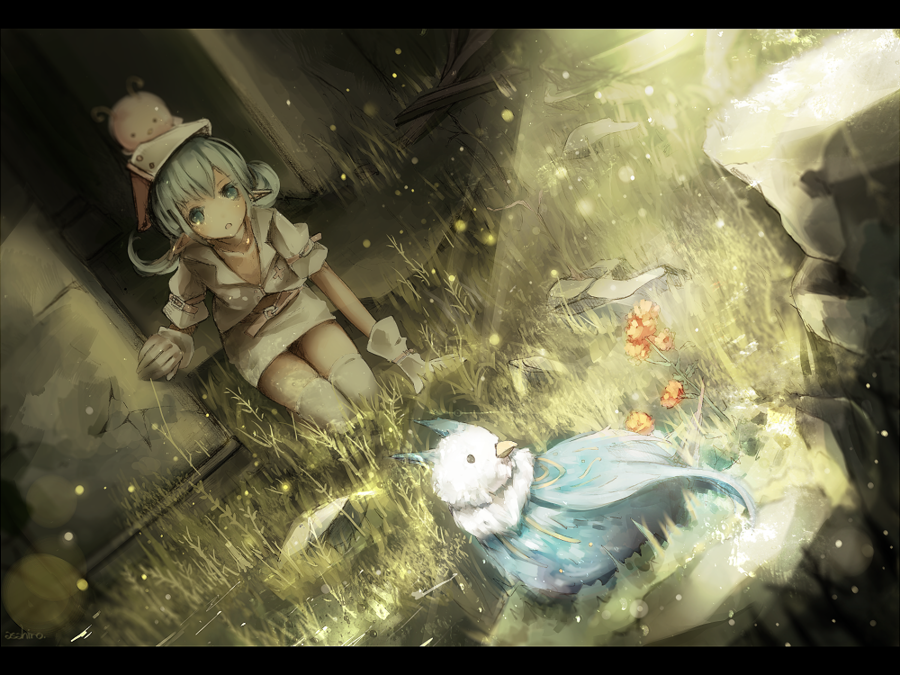 1girl, animal, aqua_eyes, aqua_hair, asahiro_(algl), bird, flower, gloves