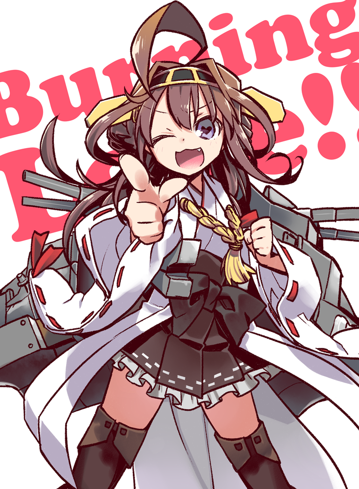 1girl, :3, ;d, ahoge, black_legwear, brown_hair, burning_love_(phrase), clenched_hand