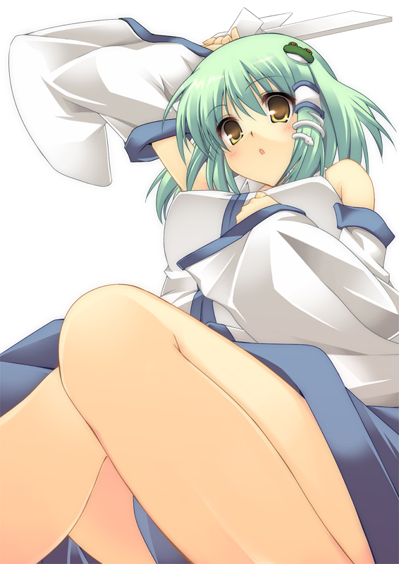 green_hair, hair_ornament, japanese_clothes, kochiya_sanae, legs, miko, nanashi_(artist), nanashi_(soregashi)