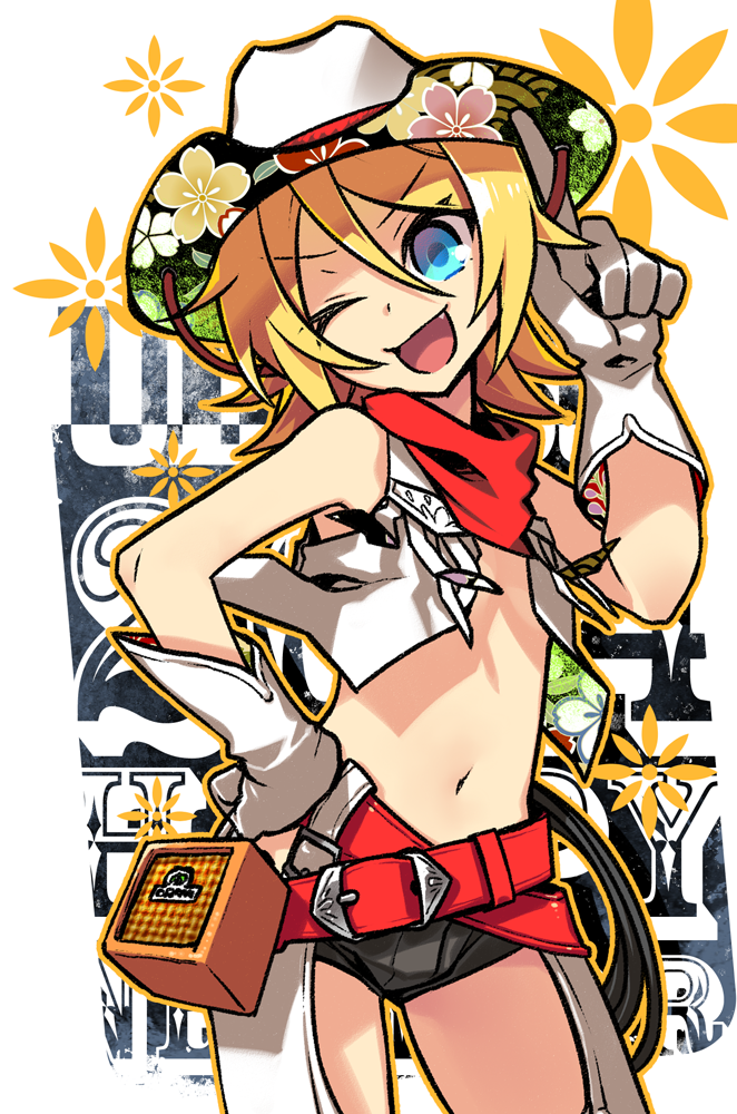 1girl, ;d, blonde_hair, blue_eyes, cowboy, cowboy_hat, finger_on_hat, gloves