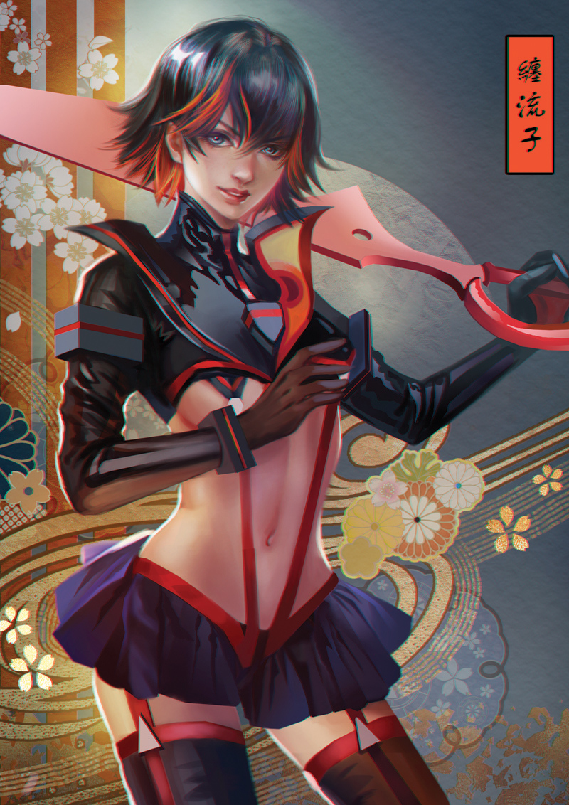 1girl, black_hair, blue_eyes, breasts, jiuge, kill_la_kill, matoi_ryuuko, matoi_ryuuko_(incomplete_senketsu_kamui), multicolored_hair, realistic, redhead, revealing_clothes, scissor_blade, senketsu, short_hair, sideboob, skirt, suspenders, translation_request, two-tone_hair
