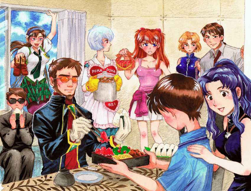 apron, ayanami_rei, bento_box, chopsticks, colored_pencil_(medium), food, glasses, highres