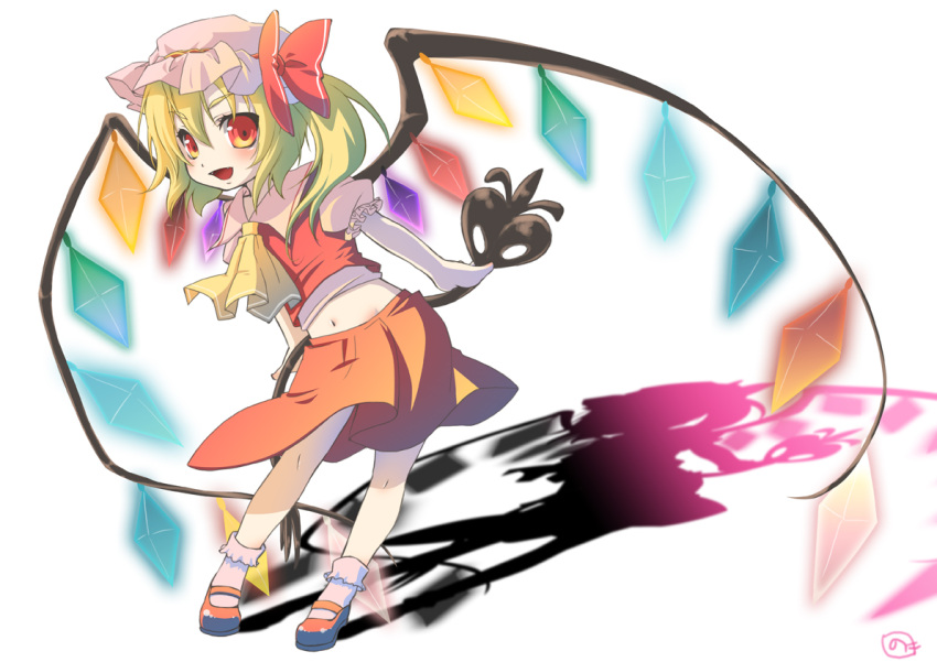 blonde_hair, flandre_scarlet, hat, kagemoto_yuki, large_wings, nonoko_(artist), ponytail, red_eyes