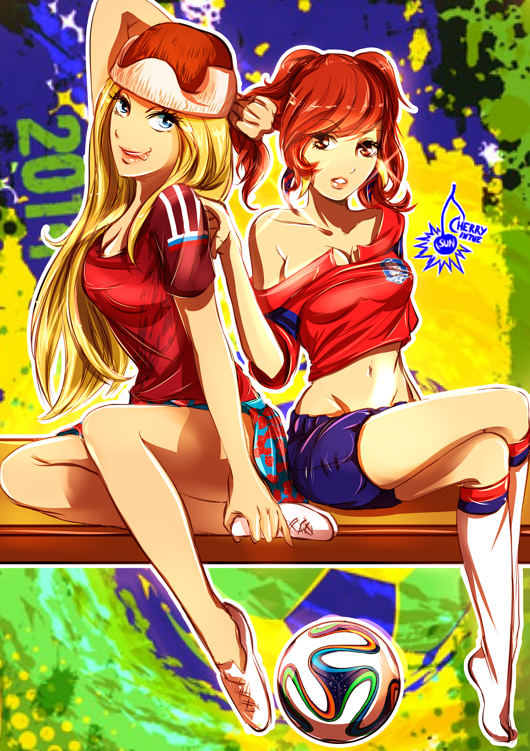2014_fifa_world_cup, 2girls, ball, blonde_hair, blue_eyes, brazuca, breasts, brown_eyes