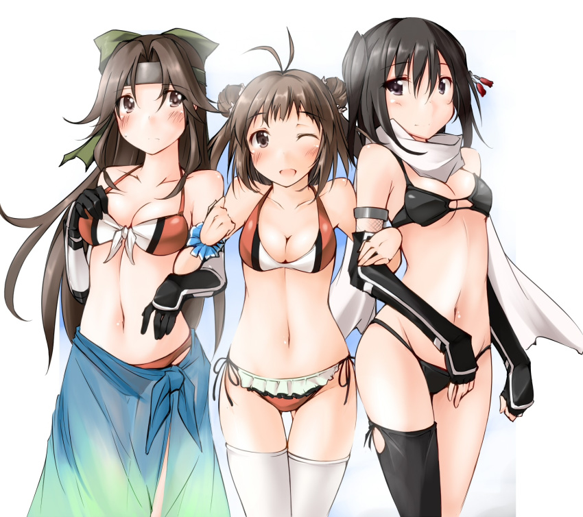3girls, ;d, bikini, black_hair, black_legwear, blush, breasts, brown_eyes