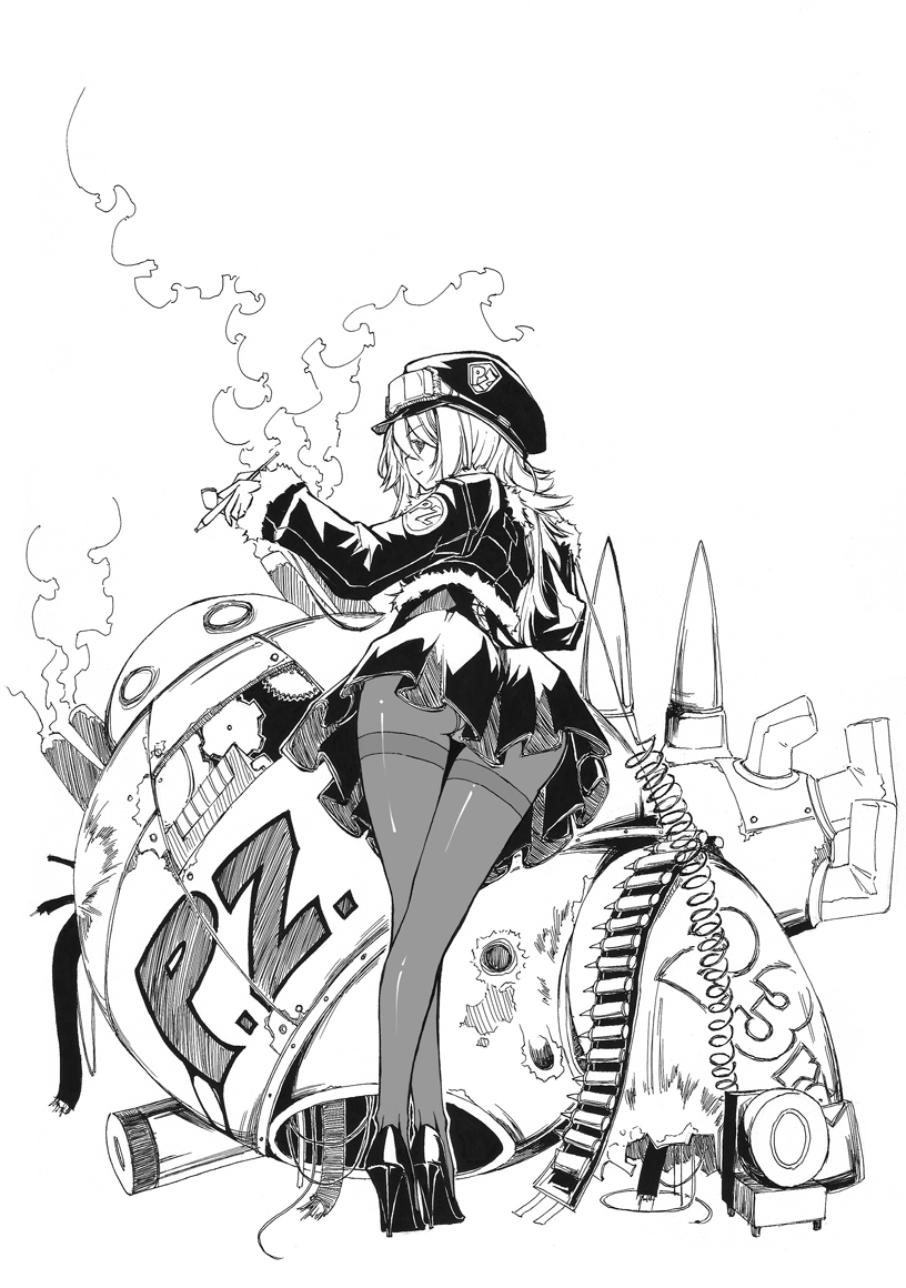 1girl, ammunition, ammunition_belt, ass, badge, bent_over, between_fingers, bullet