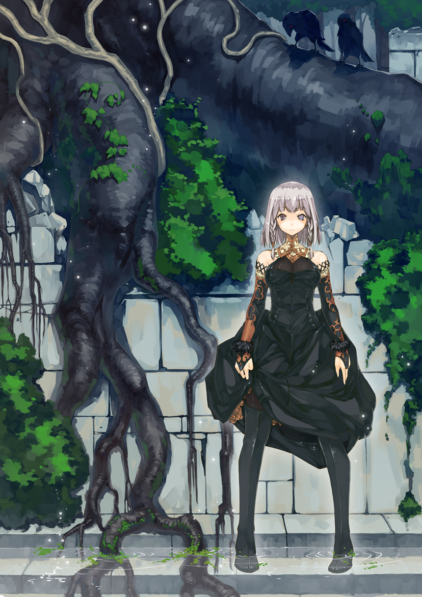 1girl, animal, bare_shoulders, bird, black_dress, black_gloves, black_legwear, boots