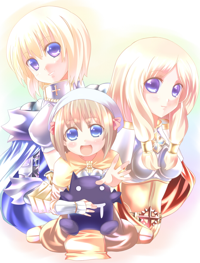 blonde_hair, blue_eyes, chibi_(nekomimimi), chibi_(pixiv), child, deviruchi, hug, laughing