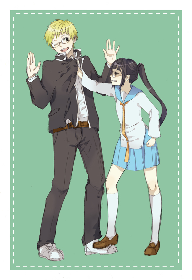 1boy, 1girl, aka8, angry, belt, black_hair, blonde_hair, clothes_grab