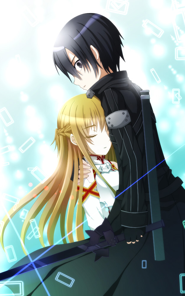 1boy, 1girl, asuna_(sao), black_eyes, black_hair, brown_hair, closed_eyes, couple, fingerless_gloves, gloves, hug, kirito, long_hair, short_hair, soraneko93, sword_art_online, yuuki_asuna