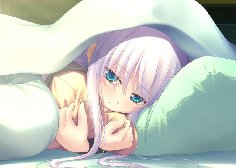 @@@_(ecch1x), blanket, blue_eyes, long_hair, pillow, pillow_hug, silver_hair, source_request
