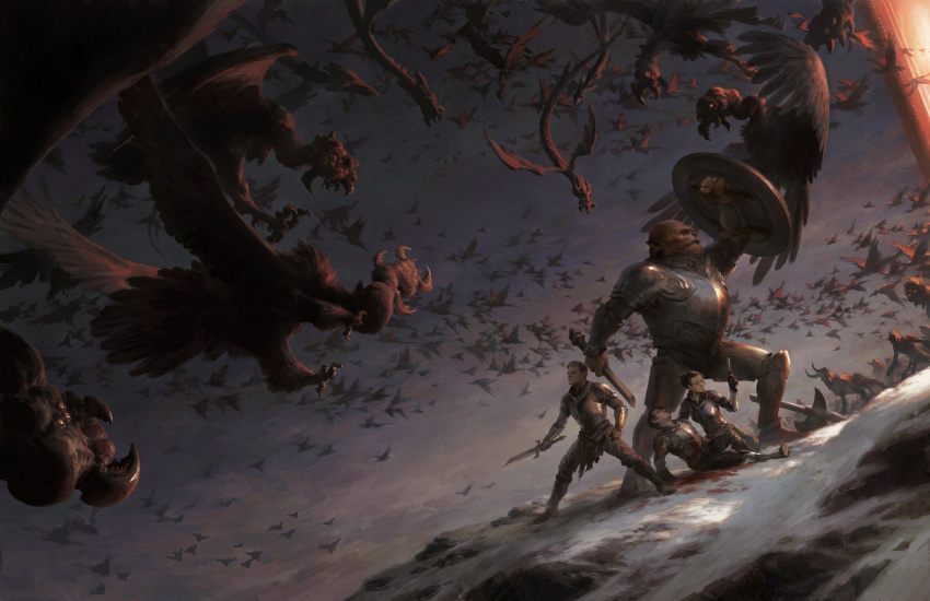 2boys, armor, bird, fantasy, flowerzz, gun, highres, injury