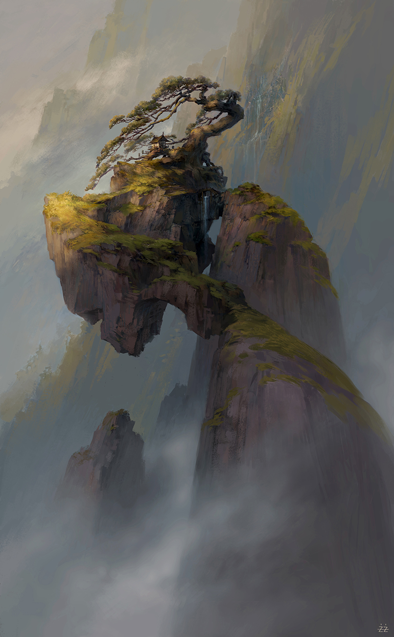 cliff, clouds, flowerzz, highres, house, mist, mountain, no_humans