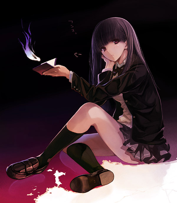 1girl, amagami, ayatsuji_tsukasa, black_hair, black_legwear, blazer, book, chin_rest, kneehighs, loafers, long_hair, looking_at_viewer, pleated_skirt, red_eyes, sagaraise, school_uniform, shoes, sitting, skirt, solo, sweater_vest
