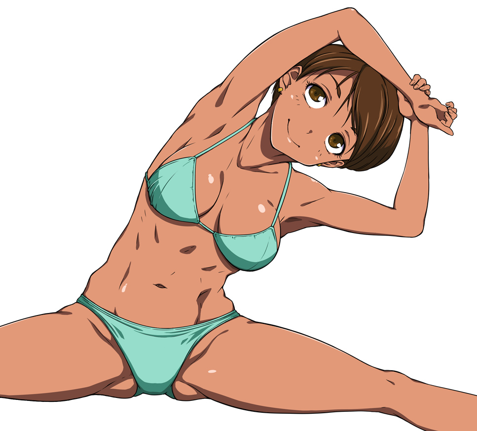 1girl, bikini, breasts, brown_eyes, brown_hair, dark_skin, earrings, jewelry