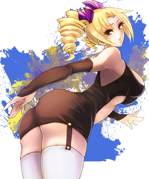 1girl, akai_kagerou_(artist), annie_murakami, ass, blonde_hair, bridal_gauntlets, brown_eyes, dress, drill_hair, garter_straps, hair_ribbon, looking_back, rage_of_the_dragons, ribbon, solo, thigh-highs, twin_drills, twintails