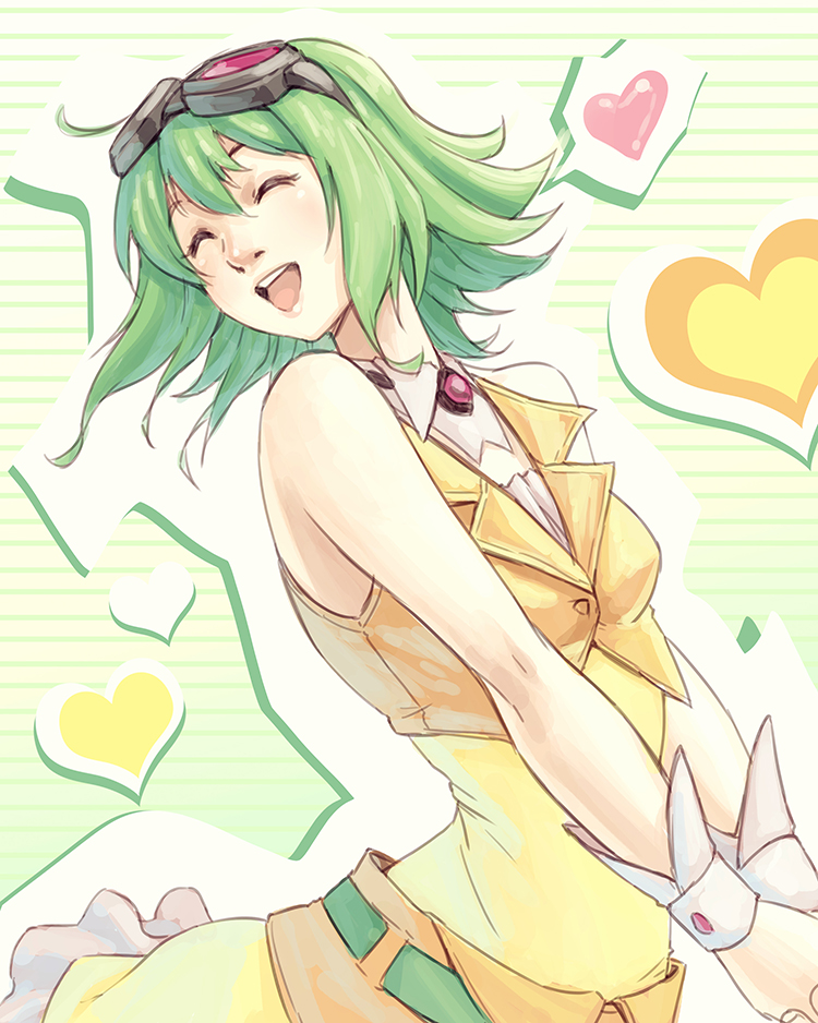 1girl, bare_shoulders, closed_eyes, goggles, goggles_on_head, green_hair, gumi, heart