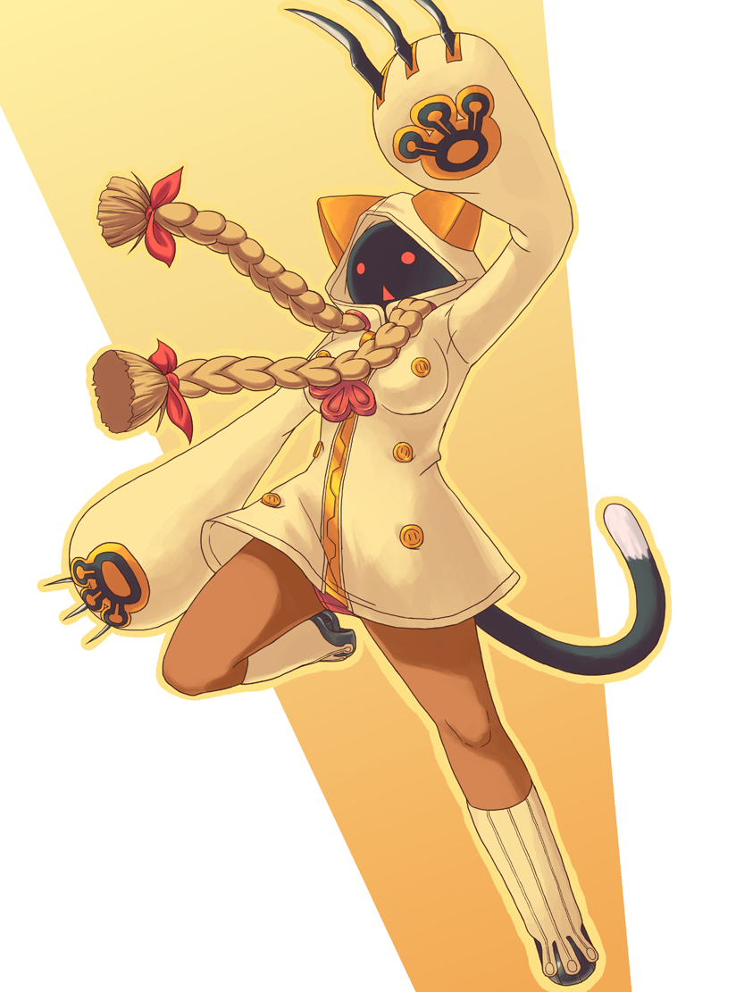 blonde_hair, braid, cat_hood, claws, hirukawa, hood, red_eyes, ribbon, tail, taokaka, twin_braids