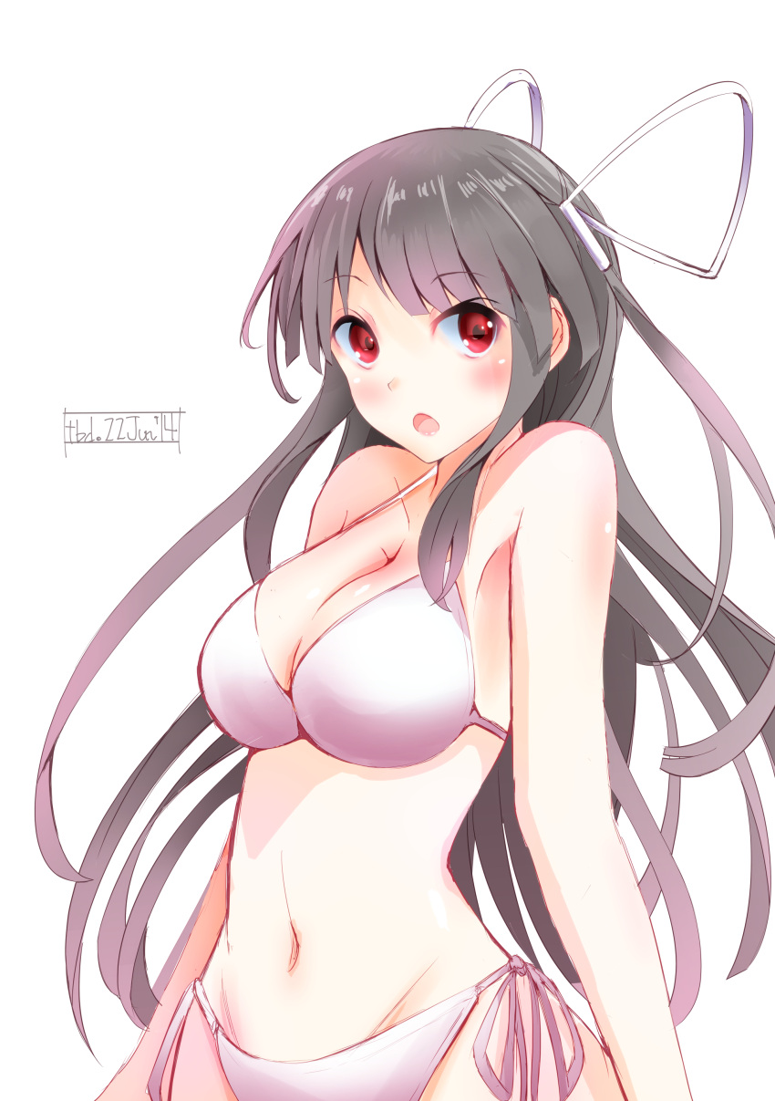 1girl, absurdres, bikini, black_hair, blush, breasts, hair_ribbon, highres