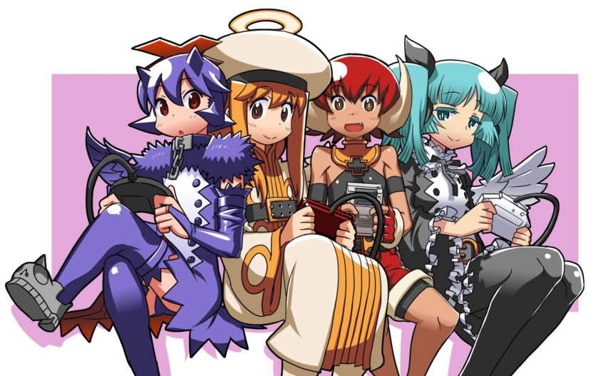 4girls, aqua_hair, belt, black_legwear, blue_hair, brown_eyes, character_request, controller