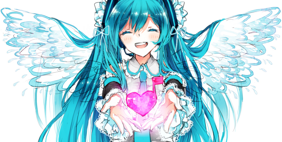 1girl, aqua_hair, closed_eyes, hatsune_miku, heart, long_hair, musical_note, necktie