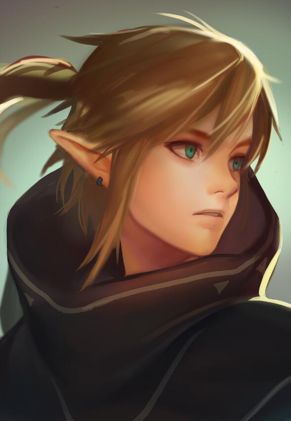 blonde_hair, blue_eyes, cape, earrings, hood, jewelry, link, long_hair