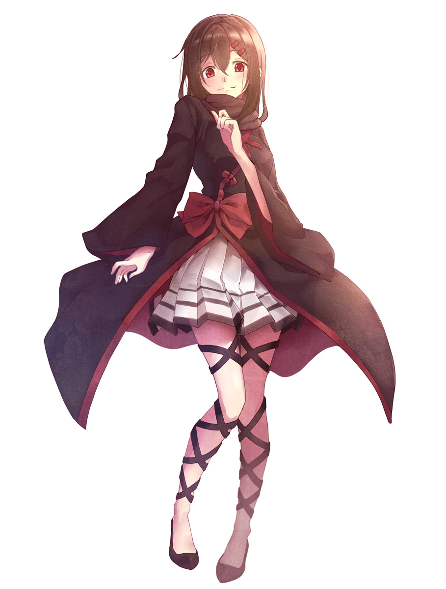 1girl, alternate_costume, azami_(kagerou_project)_(cosplay), black_hair, d-style_wed, hair_ornament, hairclip, highres, kagerou_project, pleated_skirt, red_eyes, simple_background, skirt, smile, solo, tateyama_ayano, white_background