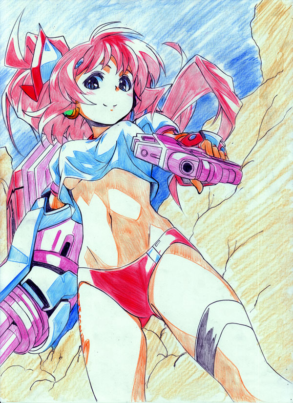 1girl, blue_eyes, breasts, dokozo_no_shirou, gadget_trial, gatling_gun, gun, izen