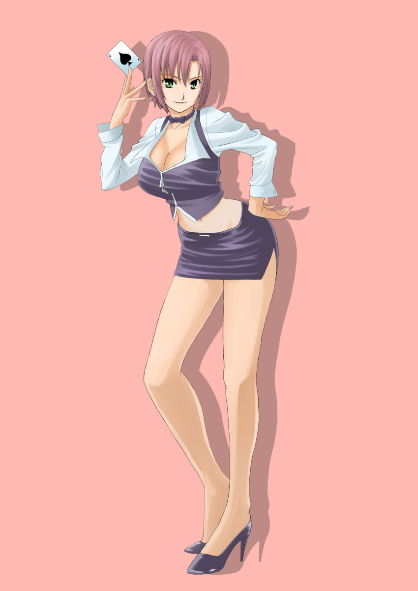 bowtie, breasts, card, cleavage, green_eyes, hand_on_hip, high_heels, highres