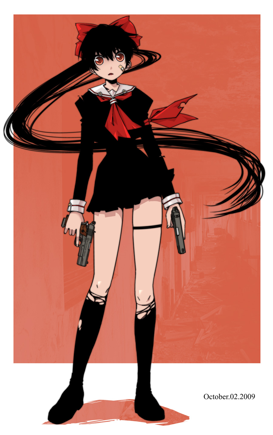 bandaid, black_hair, dual_wield, dual_wielding, gun, hair_ribbon, handgun, highres, ishida_masatsuki, legs, lipstick, long_hair, original, ponytail, red_eyes, ribbon, school_uniform, serafuku, solo, torn_clothes, weapon
