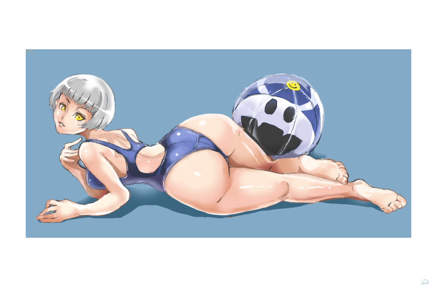 1girl, ass, ball, beachball, blue_background, border, elizabeth_(persona), highres, jack_frost, legs, looking_at_viewer, lying, one-piece_swimsuit, persona, persona_3, samidare_satsuki, short_hair, silver_hair, solo, swimsuit, yellow_eyes