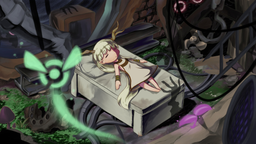 1girl, antlers, cable, closed_eyes, examination_table, glowing, glowing_eyes, highres, hotaru_(htol#niq), htol#niq:_hotaru_no_nikki, i-beam, long_hair, lying, mion_(htol#niq), nora_(nora7), pillow, propeller, ruins, shadow, solo, very_long_hair, white_hair