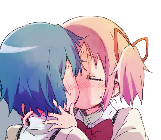 2girls, blush, bow, closed_eyes, hair_ribbon, hands_on_neck, kaname_madoka, kiss