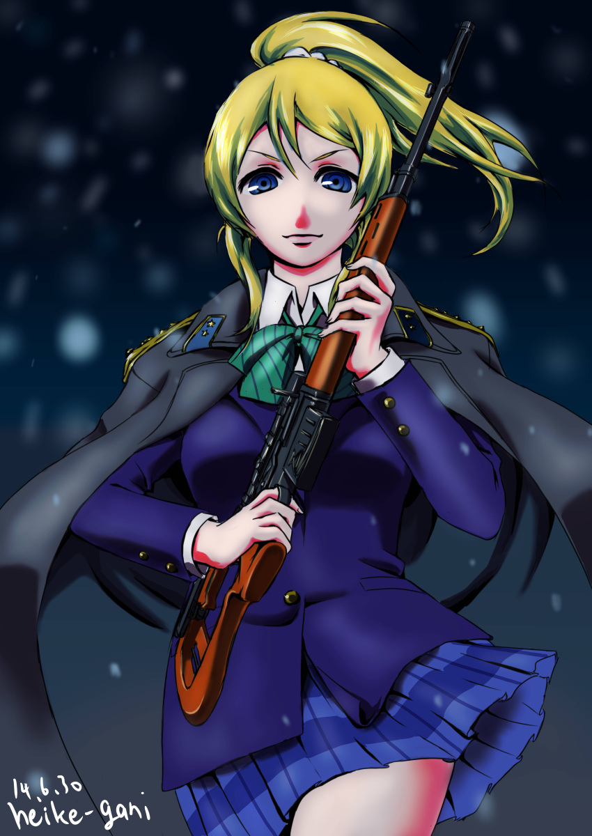 1girl, absurdres, ayase_eli, blonde_hair, blue_eyes, bow, gun, heike_gani