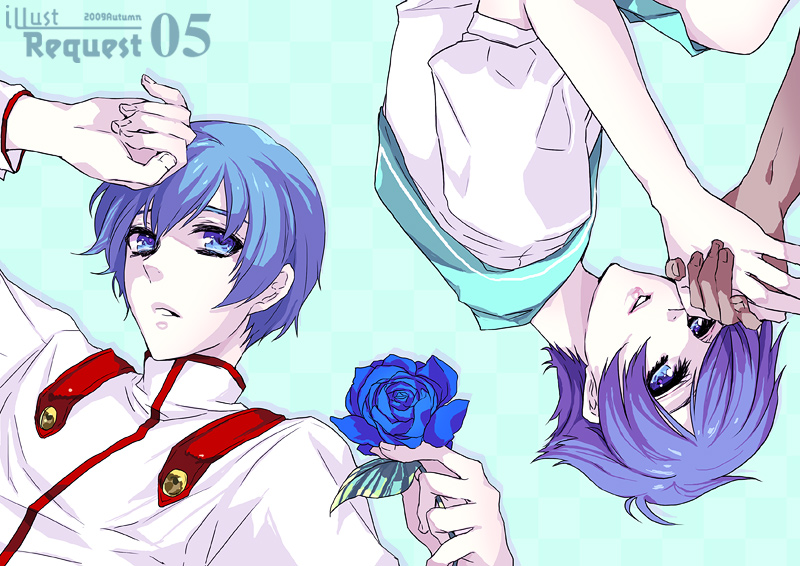 1girl, aqua_background, blue_eyes, blue_hair, blue_rose, brother_and_sister, flower, kaoru_kozue, kaoru_miki, rose, rotational_symmetry, school_uniform, shoujo_kakumei_utena, siblings, tako_rii, upside-down